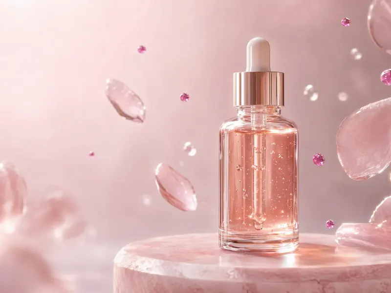 Frasco de sérum de vidrio sobre un podio de piedra rosada, entre pétalos translúcidos y gotas magenta